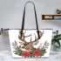 Beautiful realistic deer with flowers and christmas elements leather totee bag