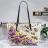 bees flying to musical notes and purple leafs in the summer Leather Tote Bag