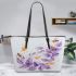 bees flying to musical notes and purple leafs in the summer Leather Tote Bag