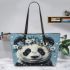 Black and white cute panda with blue eyes leather tote bag