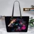 Black background with a colorful horse leather tote bag