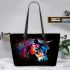 Black background with a colorful horse leather tote bag