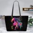 Black background with a colorful horse leather tote bag