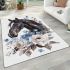 Black horse head with white rose and blue flowers area rugs carpet