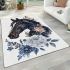 Black horse head with white rose and blue flowers area rugs carpet