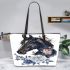 Black horse head with white rose and blue flowers leather tote bag