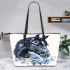 Black horse head with white rose and blue flowers leather tote bag