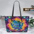 Blue frog with rainbow stripes on his body leaather tote bag