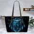 Blue owl sitting on dream catcher leather tote bag