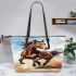 Brown horse galloping in the wind leather tote bag