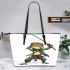 Cartoon drawing of an anthropomorphic frog samurai leaather tote bag