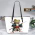 Cartoon frog character dressed as a samurai holding leaather tote bag