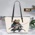 Cartoon frog character dressed as a samurai holding leaather tote bag