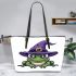 Cartoon frog wearing witch hat leaather tote bag