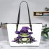 Cartoon frog wearing witch hat leaather tote bag