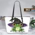 Cartoon frog wearing witch hat leaather tote bag