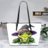 Cartoon frog wearing witch hat leaather tote bag