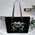 Cartoon frog with four arms and two legs sticking leaather tote bag