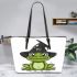 Cartoon green frog with black witch hat leaather tote bag