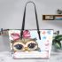 Cartoon owl with a pink bow on its head leather tote bag