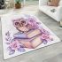 Cartoon owl with big eyes sitting on books surrounded by pink roses area rugs carpet