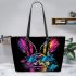 Colorful cartoon rabbit wearing sunglasses leather tote bag