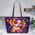 Colorful cute cartoon dog with bow leather tote bag