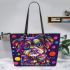 Colorful cute cartoon dog with bow leather tote bag