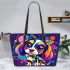 Colorful cute cartoon dog with bow leather tote bag