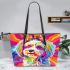 Colorful cute happy dog with bow leather tote bag