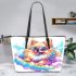 Colorful cute pomeranian dog wearing sunglasses leather tote bag