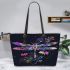 Colorful dragonfly with flowers leather tote bag