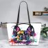 Colorful french bulldog wearing headphones leather tote bag