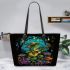 Colorful green frog playing banjo under mushroom leaather tote bag