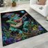 Colorful green frog playing banjo under mushroom area rugs carpet