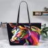 Colorful illustration of a horse head leather tote bag