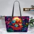 Colorful owls sitting the forest under glowing moonlight leather tote bag