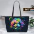 Colorful panda splatter painting with bright leather tote bag