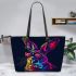 Colorful rabbit with sunglasses and bow tie leather tote bag