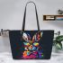 Colorful rabbit with sunglasses and bow tie leather tote bag