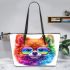 Colorful rainbow pomeranian dog wearing sunglasses leather tote bag