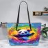 Colorful rainbow splash of color cute baby panda leather tote bag