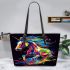 Colorful wild horse running on a dark background leather tote bag