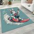 Cool rabbit surfing with electric guitar and headphones area rug