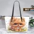 Cute adorable fluffy pomeranian with big eyes leather tote bag