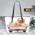 Cute adorable pomeranian dog pink truck with flowers leather tote bag