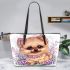Cute adorable pomeranian puppy with fluffy fur leather tote bag