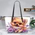 Cute adorable pomeranian puppy with fluffy fur leather tote bag