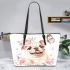Cute and happy english bulldog puppy with pink roses leather tote bag
