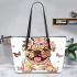 Cute baby english bulldog dog wearing a flower crown and butterfly leather tote bag